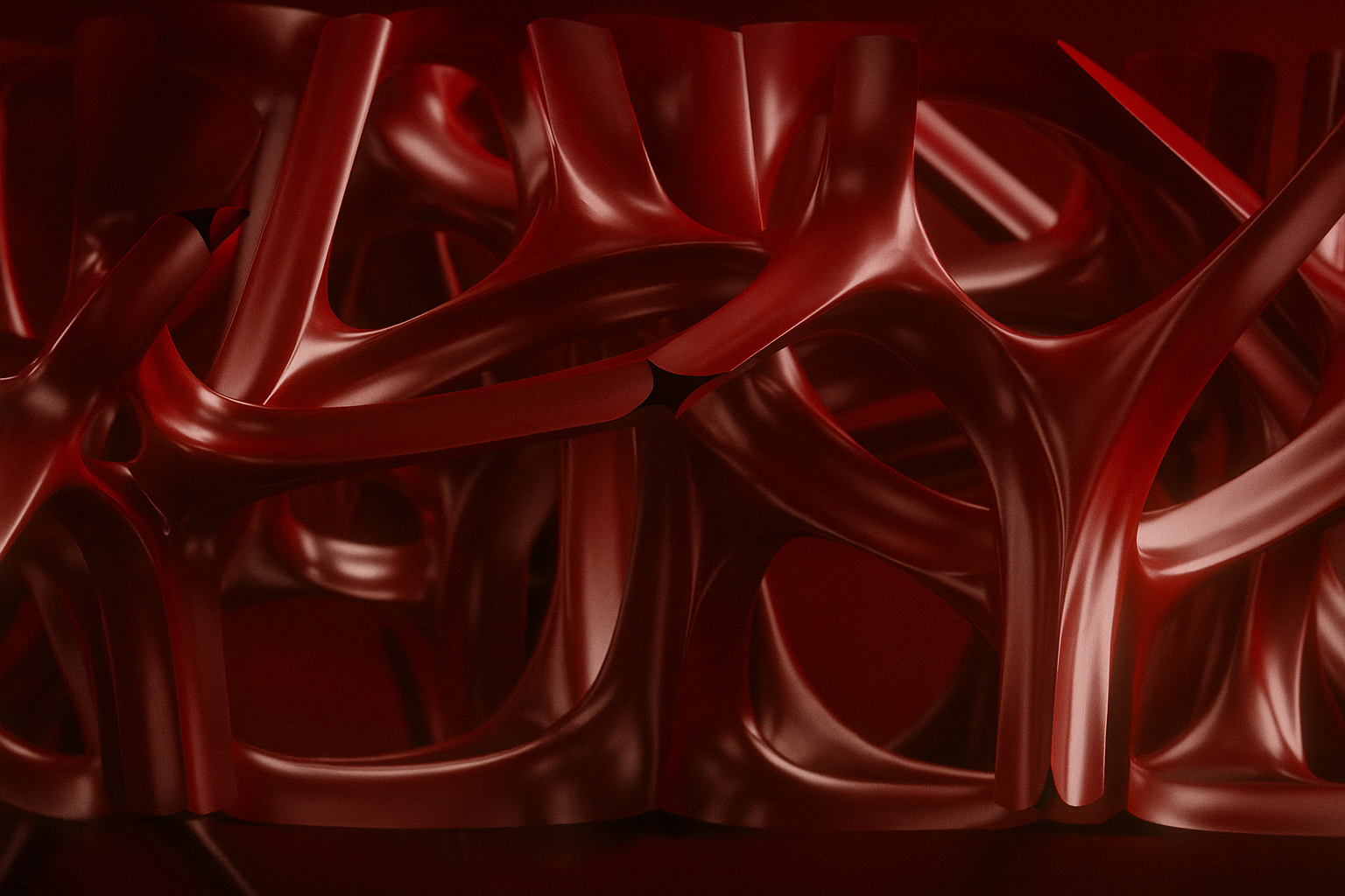 Red Voronoi mesh with a branching cellular structure