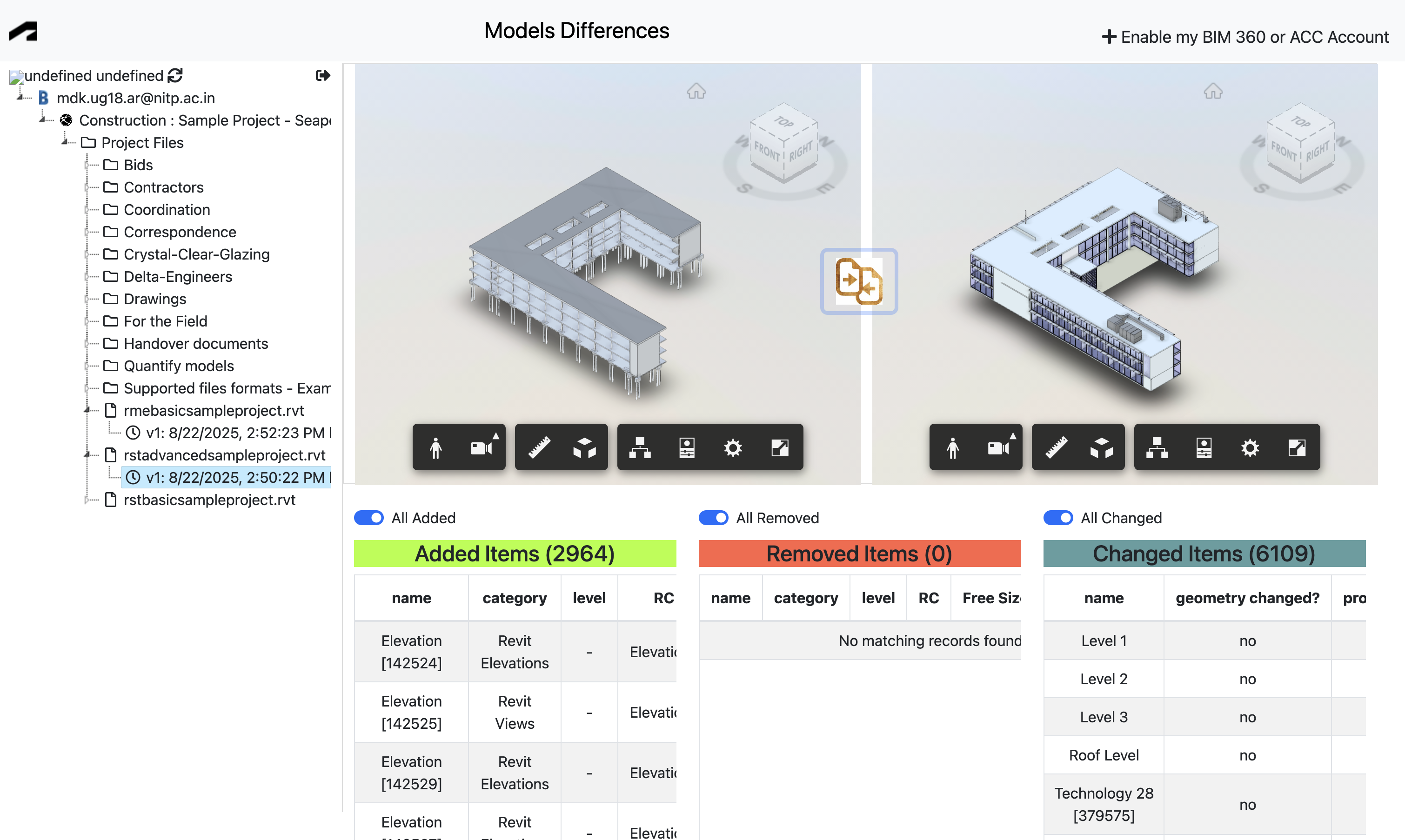 BIM model version comparison with an ACC hierarchy and model changes