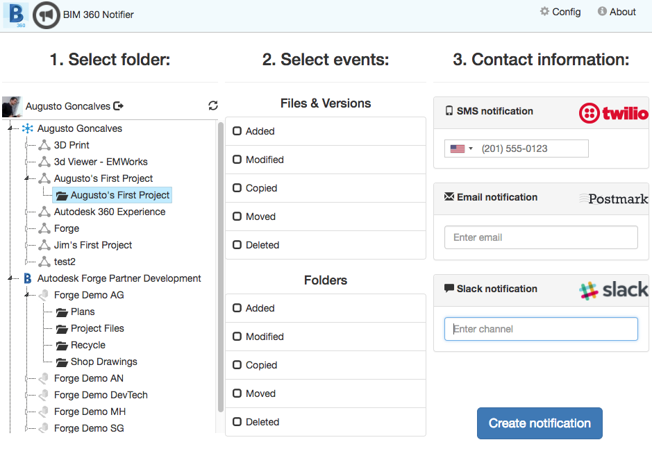 BIM 360 data-management application and notification interface